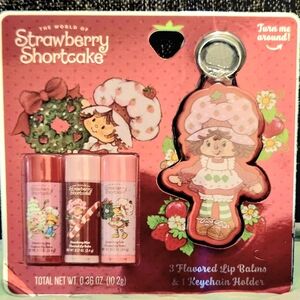 Strawberry Shortcake 3pc Flavored Lip Balms and Key Chain Holder Lip Balm Holder